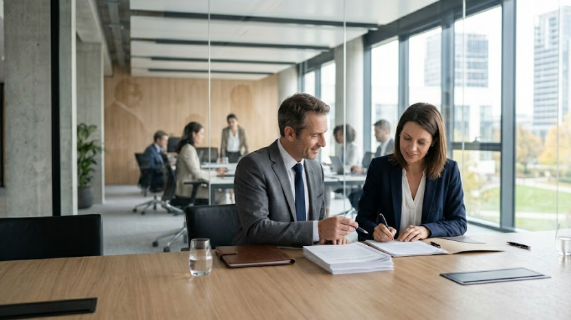 Contrats de travail en Tunisie entre une entreprise et un salarié dans un cadre juridique professionnel.
